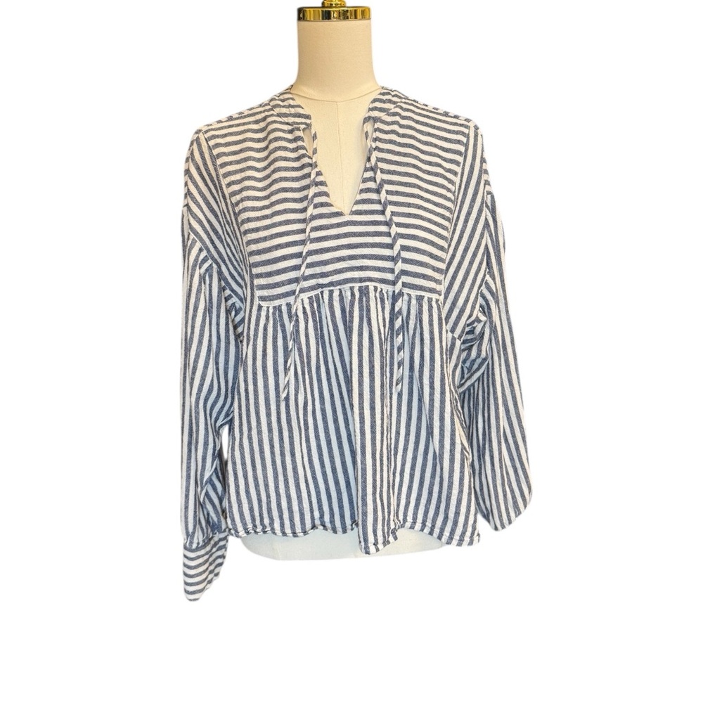 Striped Linen Blend Blouse Size L Long Sleeve